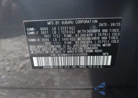 2025 Subaru Ascent Premium 7-Passenger z USA, uszkodzony, nr VIN 4S4WMADD4S3438860